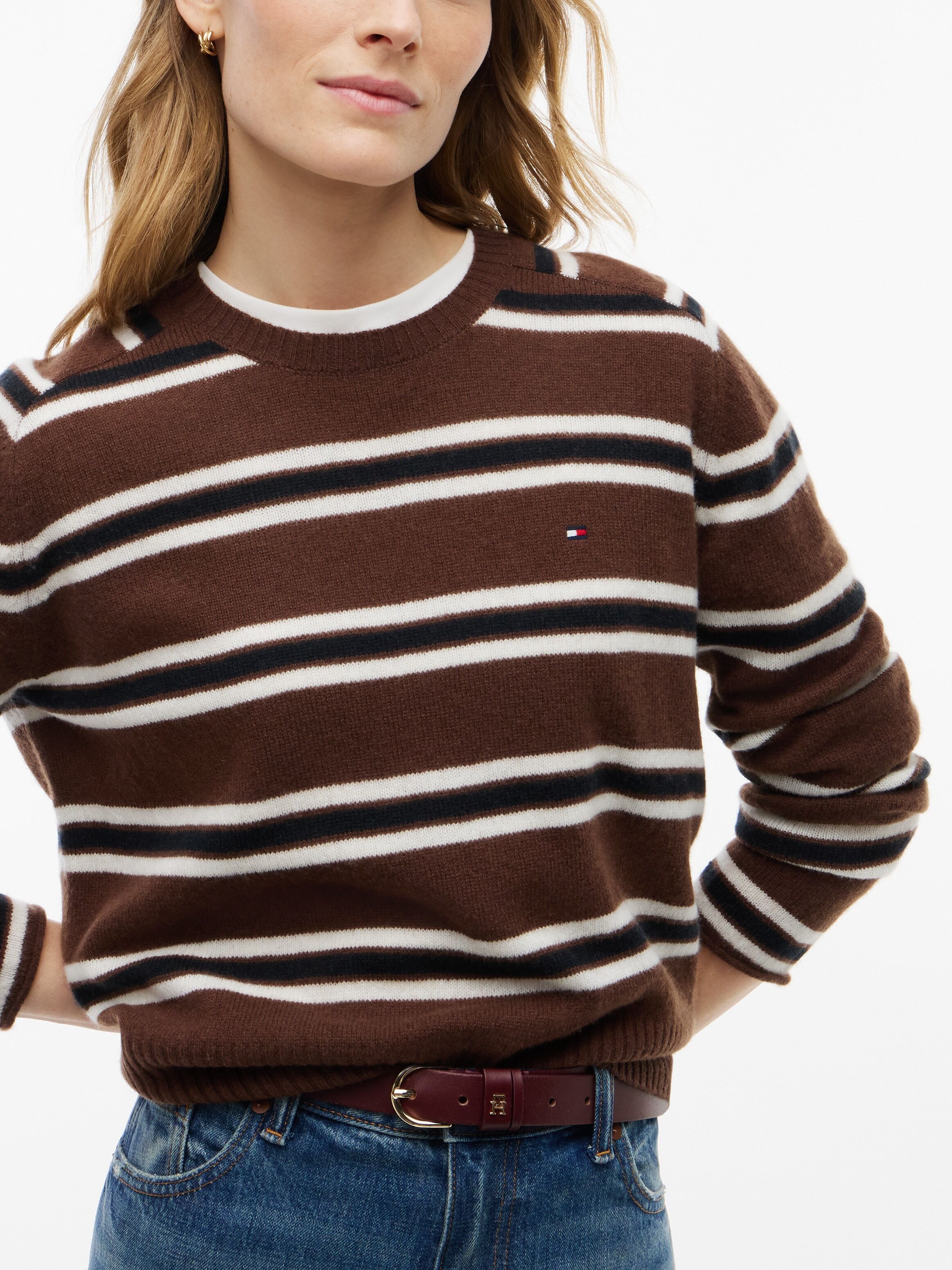 Strickpullover TOMMY HILFIGER "C-NK SOFT WOOL JERSEY SLM SWT", Damen, Gr. XS (34), braun (lewis stp legacy braun, ecru), Strick, Obermaterial: 100% Wolle, gestreift, normal, Rundhals, Pullover Strickpullover, aus reiner Wolle lewis stp legacy braun, ecru 
