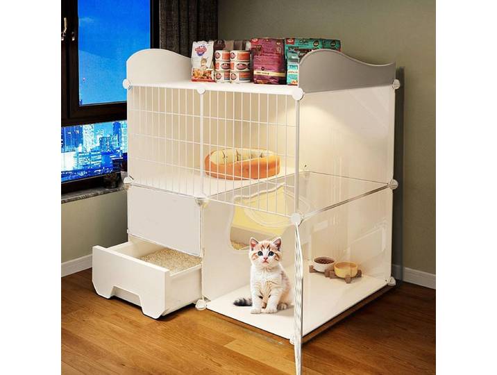 Cage à chat pour petit espace pour usage domestique, villa pour chat pour petit appartement intérieur, une chambre à coucher, un salon, une salle de bain, lit pour chat et toilettes pour chat