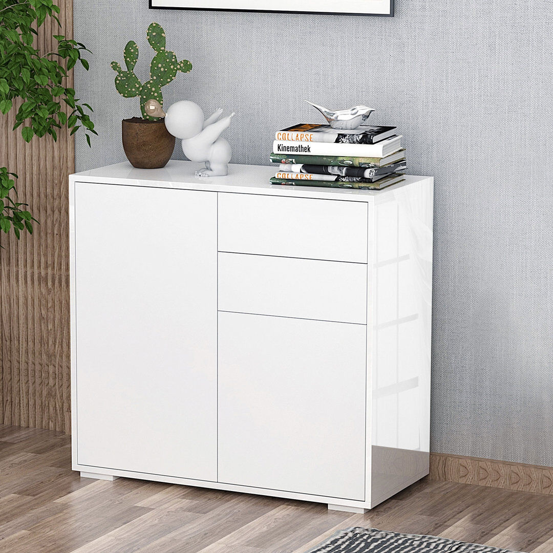 17 Stories Abdul-Qaadir High Gloss Frame Sideboard Push-Open 2 Doors White 74cm H X 79cm W X 36cm D