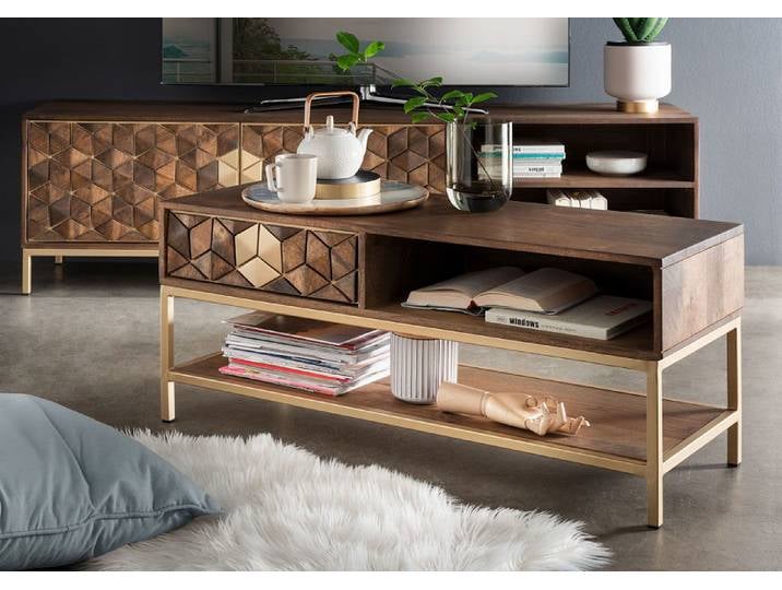 Couchtisch 110x40cm 'Assuan' Mango & Metall goldfarbig WZ-0462