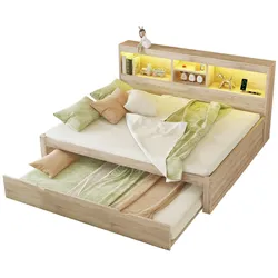 STILVORA Schlafsofa 140x200 mit LED-Beleuchtung, ausziehbares Daybett mit Stauraum, USB und Steckdosen, MDF/Spanplatte, Natur