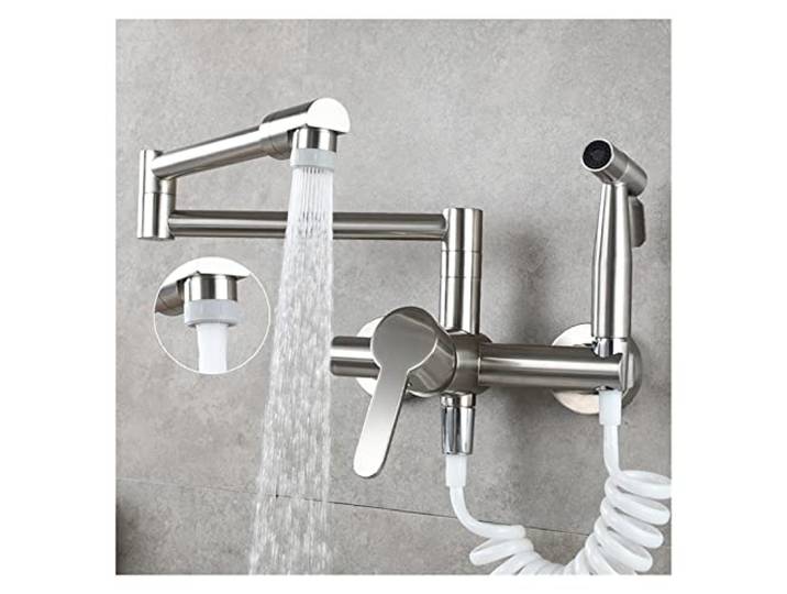 Drehhahn, Klappbarer Wasserhahn mit Messing-Topffüller und Seitensprüher, Küchenarmatur Schwenkarm Doppelfunktionsgelenk(Dual function faucet)