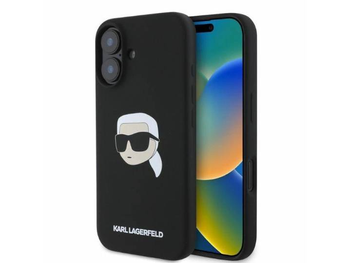 Coque Rigide En Silicone Noire Avec Imprimé Tête De Karl Lagerfeld Pour Iphone 16 6.1 (klhmp16sskhpplk)\, Compatible Magsafe.