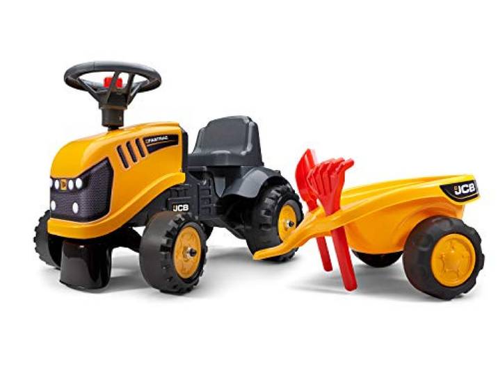 FALK - JCB bouwplaatsdrager met aanhanger - Vanaf 12 maanden - Gemaakt in Frankrijk - Inclusief schep en hark - 2 aanpassingsstijlen - Personaliseerbaar nummerbord - 215C