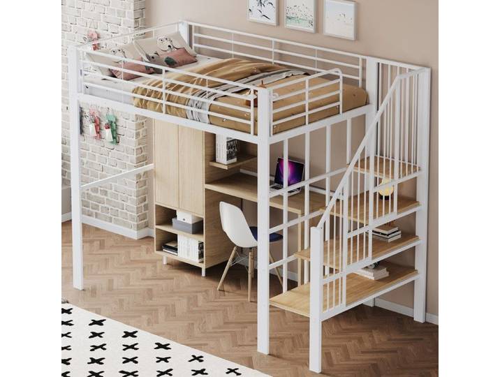 Lit mezzanine 2 places 140x200 lit superposé enfant avec escalier et espace de rangement lit enfant avec barrières lit en métal