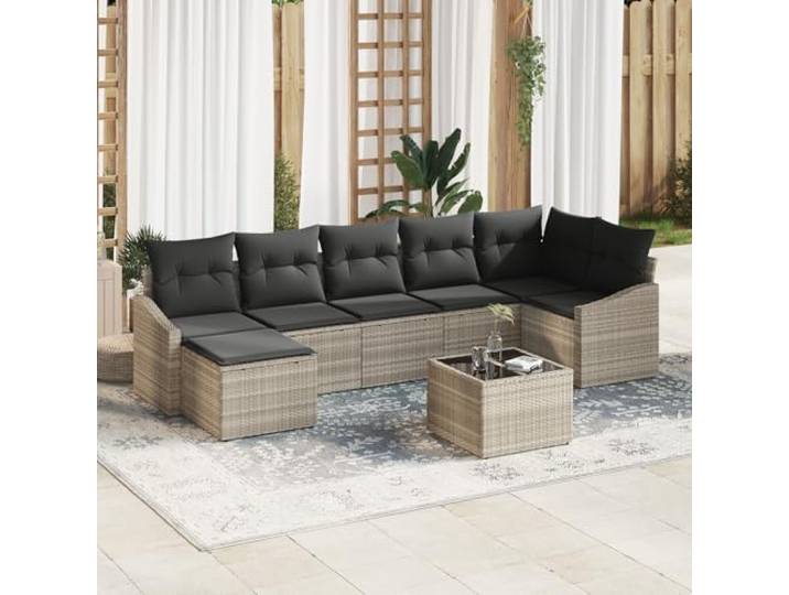 HEFZGDB 8-teiliges Garten Esszimmer Set mit Kissen Grau Poly Rattan, Modulares Outdoor Set für Terrasse und Balkon, Wetterfestes Poly Rattan Möbel mit Bequemen Kissen, Beige