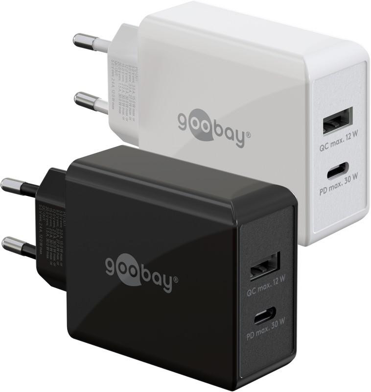 Goobay 61674 USB-C PD Dubbele snellader 30 W, wit met 1x USB-C poort en 1x USB-A poort