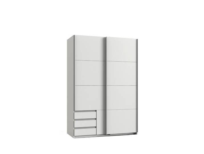 SCHWEBETÜRENSCHRANK 2-türig B135/H198/T65 cm, Kleiderschrank in Weiß mit sichtbaren Schubkästen / 22660