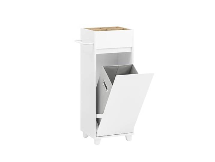 SoBuy Badezimmerschrank mit Wäschesack – Wäscheschrank & Badmöbel mit 4 offenen Fächern Oben, Handtuchhalter – Schmaler Wäschekorb Schrank für kleine Bäder, Weiß, 35x90x30cm BZR159-W
