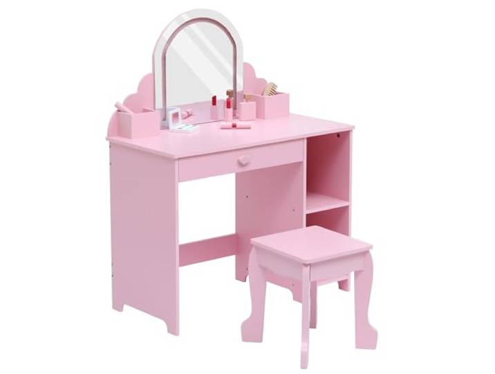 Zstar LED Schminktisch für Kinder,Holz Frisiertisch Mit Beleuchtem Spiegel Hocker, Bücherregal, Schublade & Offenen Fächern – Ideal Für Kinderzimmer & Spielzimmer-Rosa1