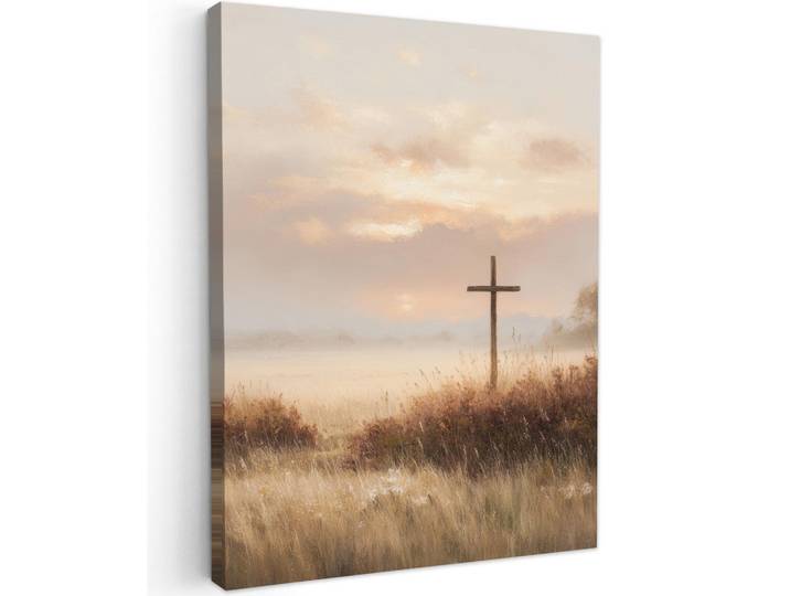 MuchoWow Leinwandbild - Gras - Morgennebel - Kreuz - Christentum - 60x80 - Gemälde, Beige, Textil, Kiefer, Abstrakt, Rechteckig, 60x80 cm, gerahmt, Bilder & Rahmen, Bilder, Wandbilder
