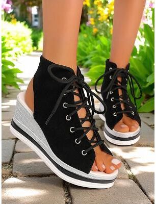 LightInthebox Women's Lace-Up Denim Wedge Sandals, Fashion Peep-Toe Summer Shoes, Perfect for Poolside, Brunch Outings and Seaside Cafés