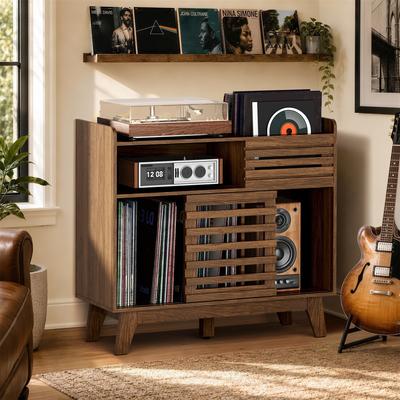 Pamapic Mid Century Record Player Cabinet with Sliding Doors & Charging Station
