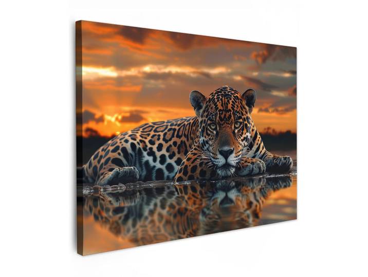 MuchoWow Leinwandbild - Natur - Leopard - Tier - Sonnenuntergang - Modern - 80x60 - Malerei, Orange, Textil, Kiefer, Abstrakt, Rechteckig, 80x60 cm, gerahmt, Bilder & Rahmen, Bilder, Wandbilder