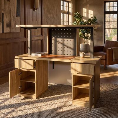 Timechee "Height Adjustable Standing Desk with Dual Cabinets, 54.3"" Home Office Computer Desk with ,Pegboard Hooks, LED and USB Port"