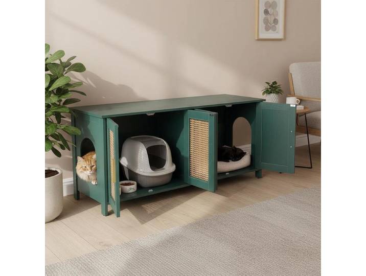 Meuble Bac à Litière Chat Armoire Cache-Maison de Toilette Chat Intérieur, avec 4 Portes en Rotin et 2 Entrées, Niche Cache-Litière
