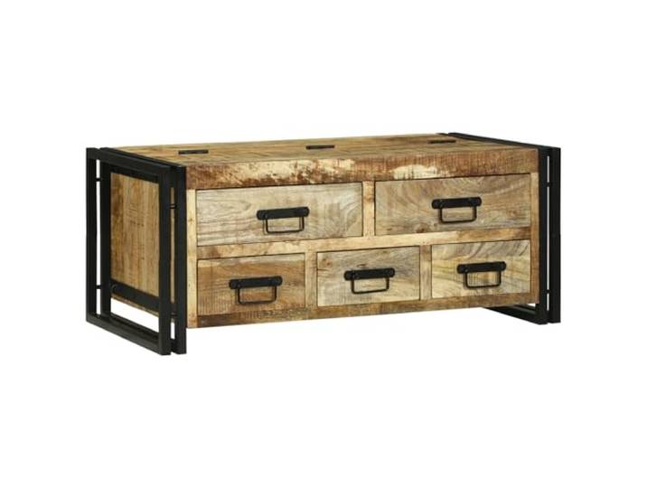 HEFZGDB Massiver Mangoholz Couchtisch 90x50x38 cm mit 4 Schubladen und schwarzem Eisenrahmen, Industrieller Look für Wohnzimmer, Robustes Möbelstück mit praktischer Aufbewahrung
