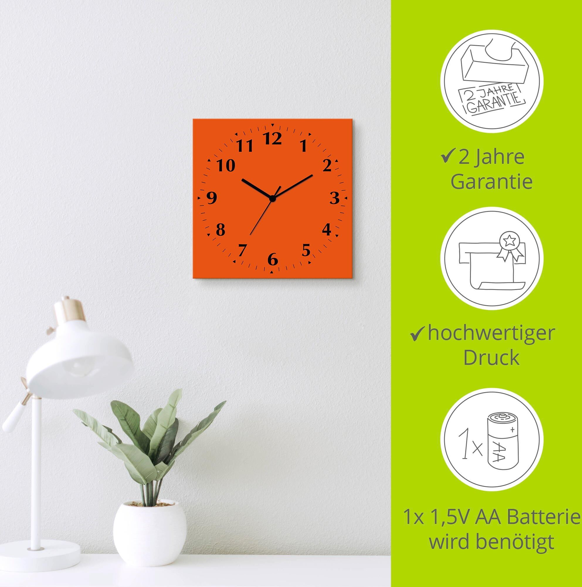 Wanduhr ARTLAND "Uni Trendfarben", orange, B:30cm H:30cm T:0,3cm, Wanduhren, Wanduhr, wahlweise mit Quarz- oder Funkuhrwerk, lautlos ohne Tickgeräusche orange B/H/T: 30cm x 30cm x 0,3cm, Quarzuhr, 12 Ziffern