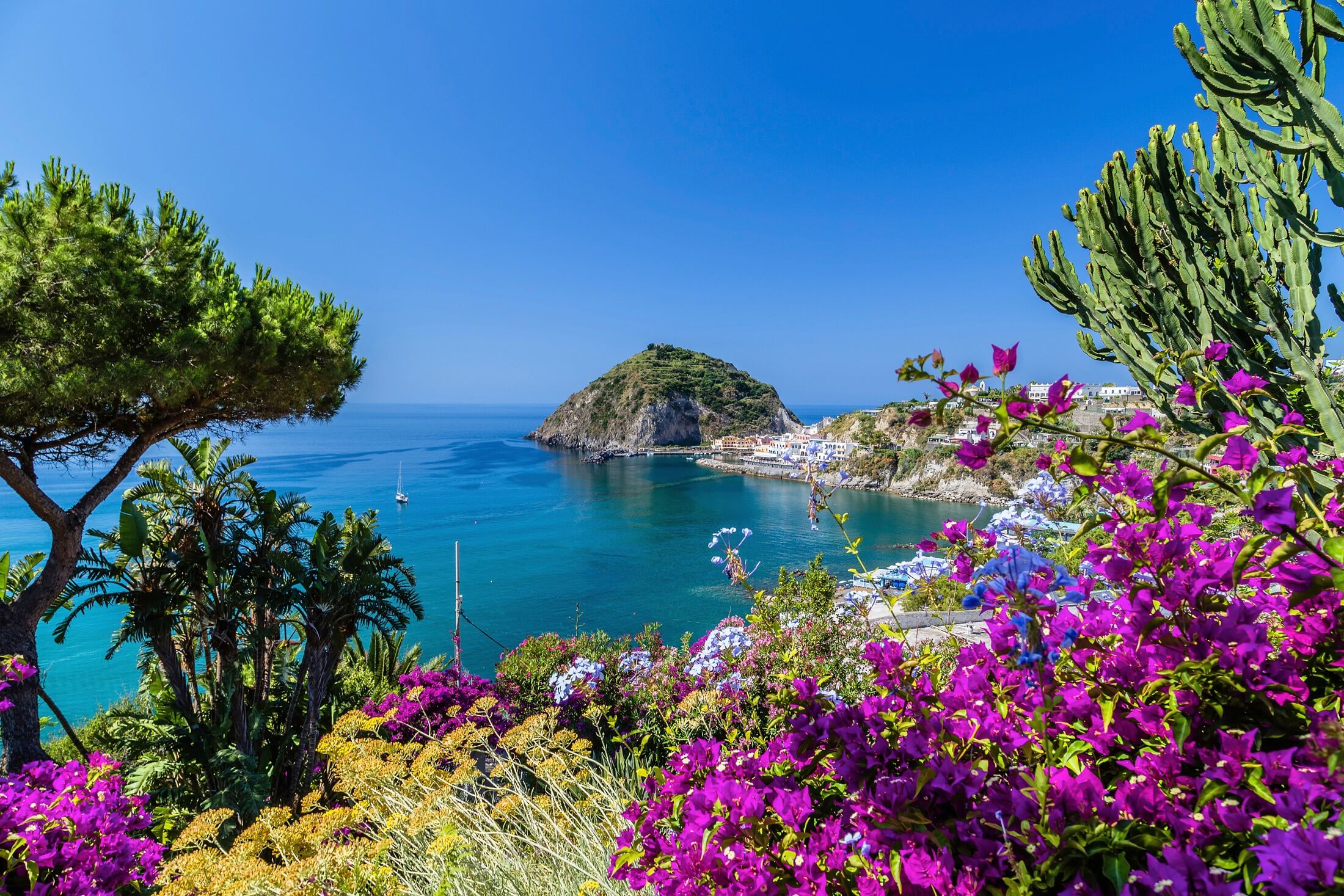 Fototapete PAPERMOON "ISCHIA ITALIEN-BOUGANVILLA INSEL MEER BLUME FELSEN WALD", bunt, B:2m L:1,49m, Vlies, Tapeten, Fototapete bunt B/L: 2m x 1,49m, Bahnen: 4 Stk.
