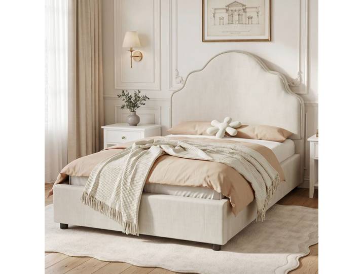 HOMVRA Lit Enfant 90x200 cm avec Tête de Lit Arrondie Lin Beige(Sans Matela)
