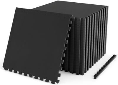 Costway 2 Pieces 0.55 inch Thick Rubber Top Exercise Mat 96 Sq Ft with Boarders-Black