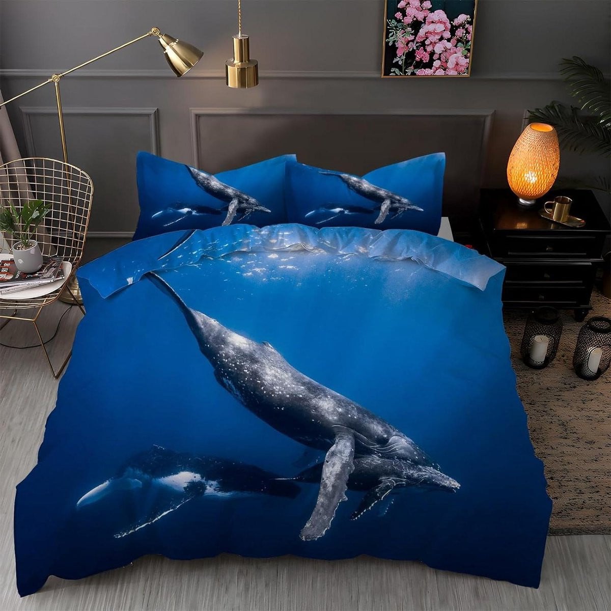 Strijkvrij Microvezel Dekbedovertrekset Walvis - Blauw - 200x200 cm met 2 kussenslopen van 80x80 cm