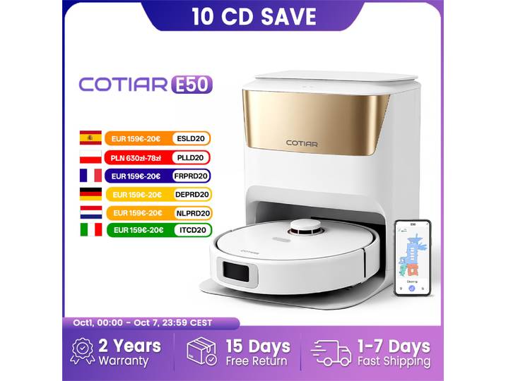 COTIAR Robot Vacuum E50 - Aspirateur robot et serpillière avec système de navigation laser intelligent, aspiration de 9000 Pa, blanc EU