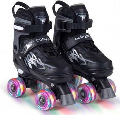 Costway Kids Roller Skates for Girls Boys 4 Sizes Adjustable Quad Skates with Light-up Wheels for Outdoor-Black