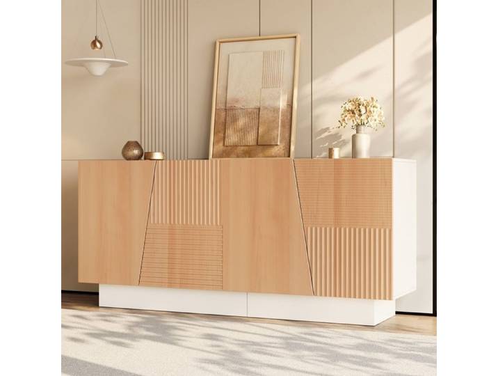 Buffet Bahut LEMLIT 160x40 5x72 cm Meuble de Rangement 4 Portes Rainurées avec Étagères Réglables - Blanc et Naturel