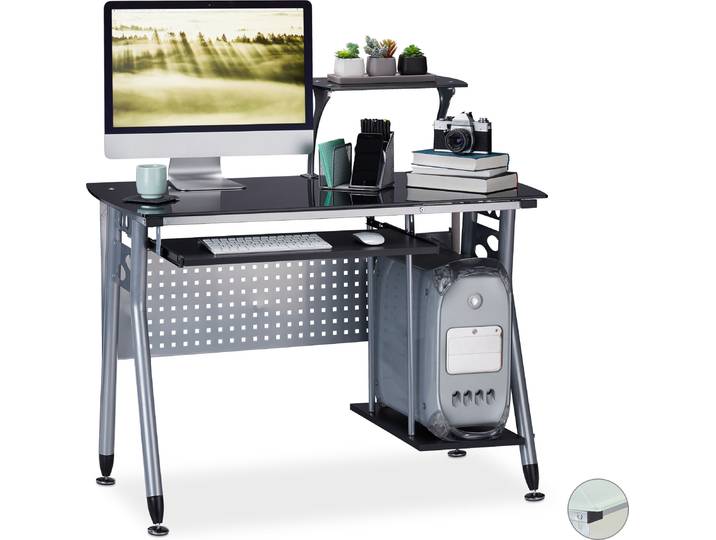 Relaxdays Computertisch Glas, Tastaturauszug & Fach für Rechner, HBT: 98 x 105 x 55 cm, modern, Arbeitszimmer, schwarz