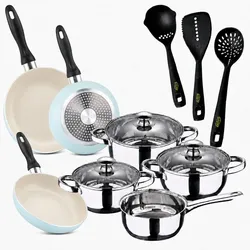San Ignacio - Faro 7-teiliges Kochgeschirr-Set aus Edelstahl mit 3 Pfannen Ø16/20/24 cm und 3-teiligem Küchenutensilien-Set