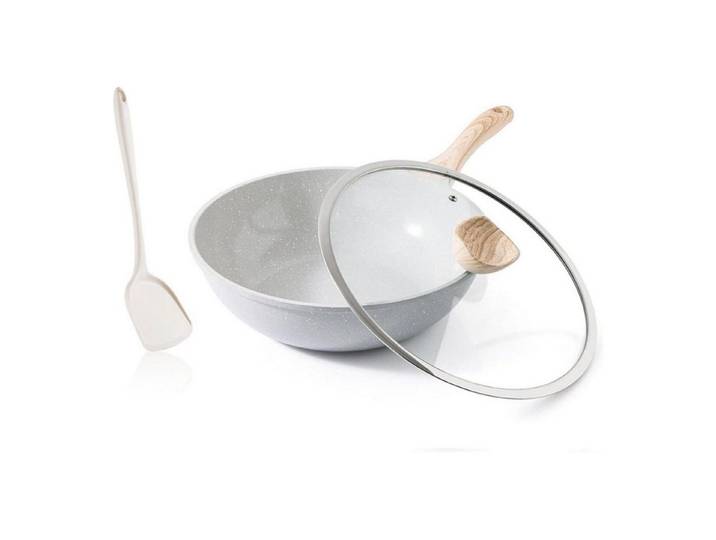 LuxusKollektion Wok Keramik Wok 30 cm Induktion Deckel Antihaft PFAS Blanco