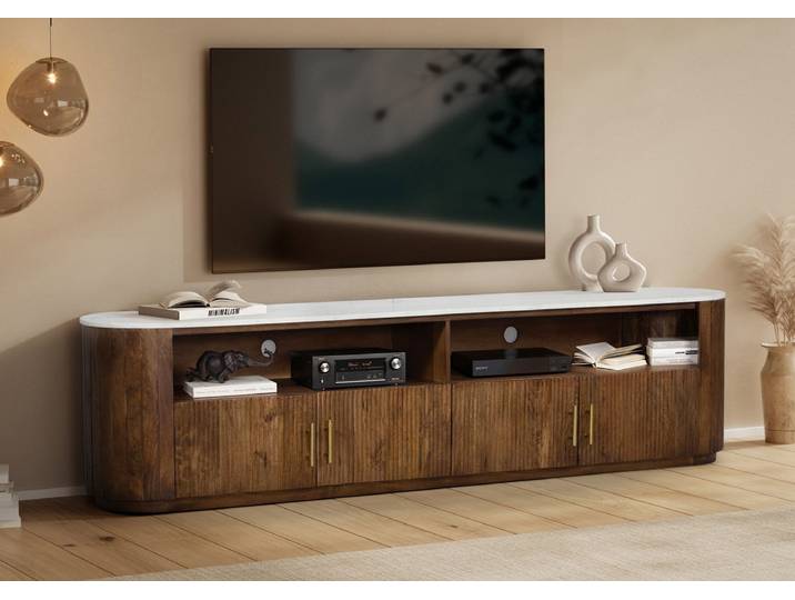 TV Board 220x55cm 'Valencia'' Mango braun lackiert & Marmor weiss 4 kleine Türen