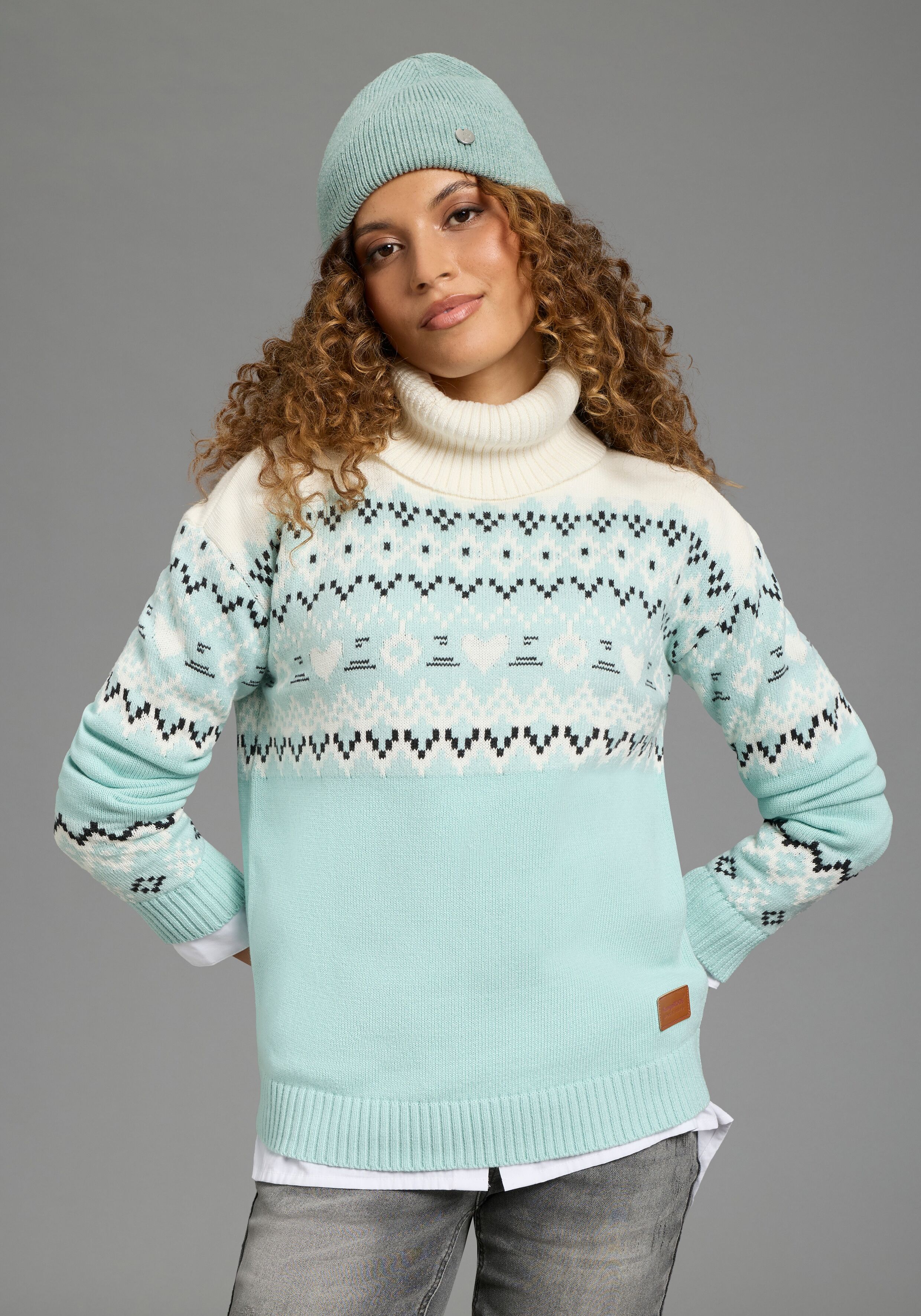 Rollkragenpullover KANGAROOS, Damen, Gr. 32/34, blau (eisblau), Obermaterial: 60% Baumwolle, 40% Polyacryl, Jacquardmuster, Pullover Rollkragenpullover, mit Rollkragen, aus Baumwolle, Norwegermuster eisblau 32/34