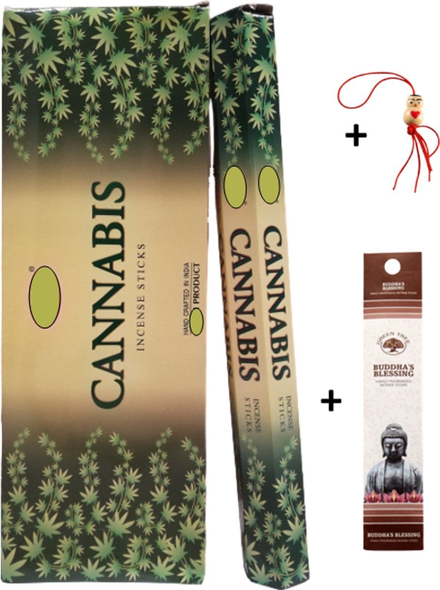 Doos met 120 cannabis geur wierookstokjes inclusief 5 mini wierookstokjes en gelukspoppetje