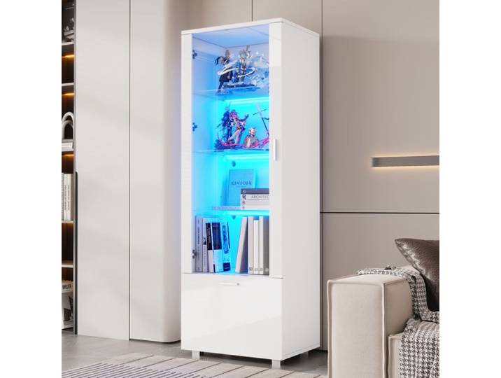 Vitrine laquée brillante - MODERNLUXE - 50x40x160 cm - Éclairage LED intégré - Porte en acrylique - Blanc