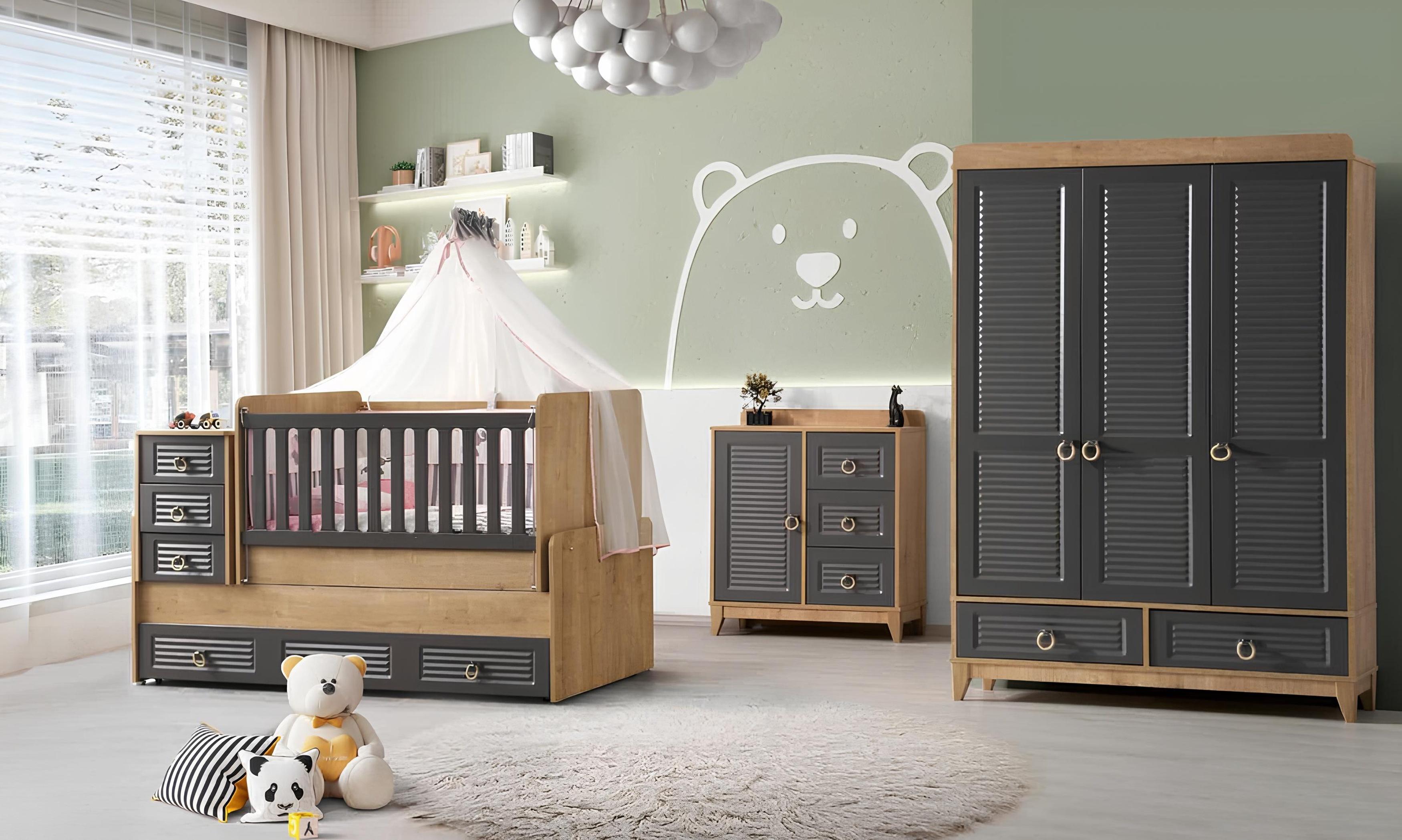 Stilvoll Kinderzimmermöbel Kinderzimmer Kinderbett Grau Holz Set 3tlg