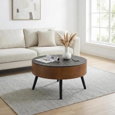 "31.5"" Round Carved Coffee Table with Storage Space, Wooden Tea Table for Living Room, Apartment, Office"