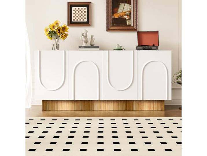 FammyLoft Moderner Sideboard-Schrank mit 4 Türen, Aufbewahrungsschrank mit Großem Stauraum und Klarer U-Form-Struktur, Wohnzimmer-Sideboard mit Praktische Mehrfachfächer, 160*75*38cm, Weiß + Holzfarbe