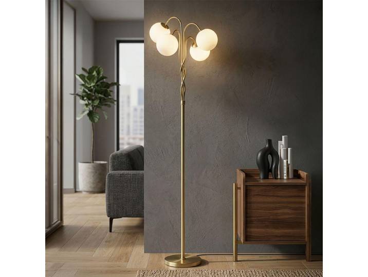 Goldene Stehlampe aus Metall mit 4 Glaskugeln, Ø 54 x 176 cm