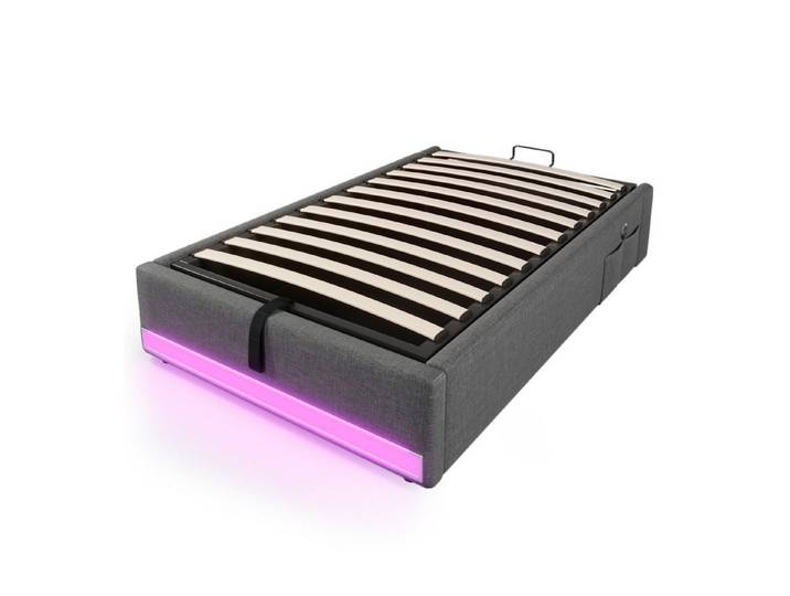 SOFTWEARY Futonbett mit LED-Beleuchtung und Aufbewahrung (mit Mehrfachsteckdose, 90x200 cm), Einzelbett ohne Kopfteil, Leinen