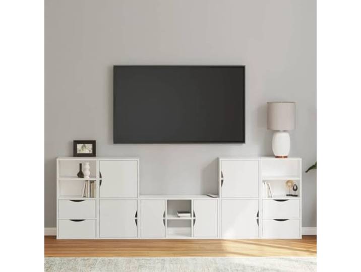 HEFZGDB ODDA Weiß Massivholz Kiefer Wohnwand mit Stauraum 5-TLG. TV-Schrank TV-Ständer Kiefernholz Modulares Design Stabile Oberplatte
