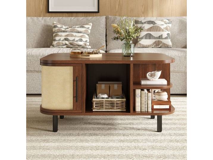 Table basse 80x60x47 cm MDF – Forme arrondie avec rangements – Portes tressées – noyer
