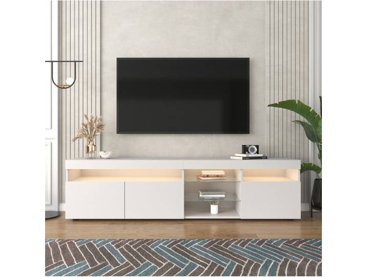 Meuble TV blanc moderne panneau lumineux éclairage LED modulable 3 portes 180X35X48CM