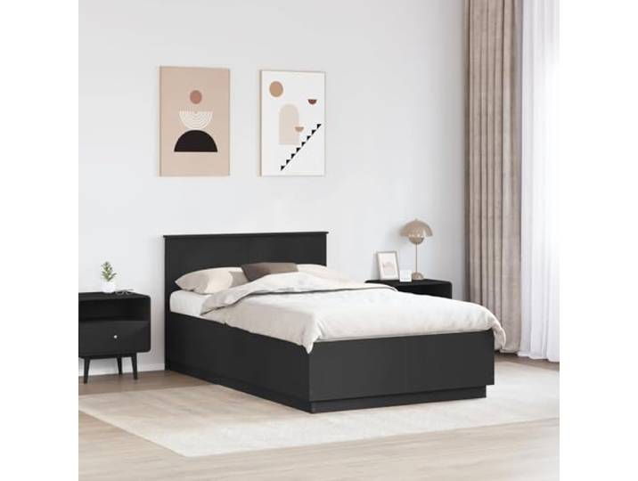 SKTQYQO Bettgestell, schwarz, 135 x 190 cm, aus technischem Holz Verstellbares Kopfteil an der Wand, quadratische Beine, minimalistisches Design, einfache Pflege
