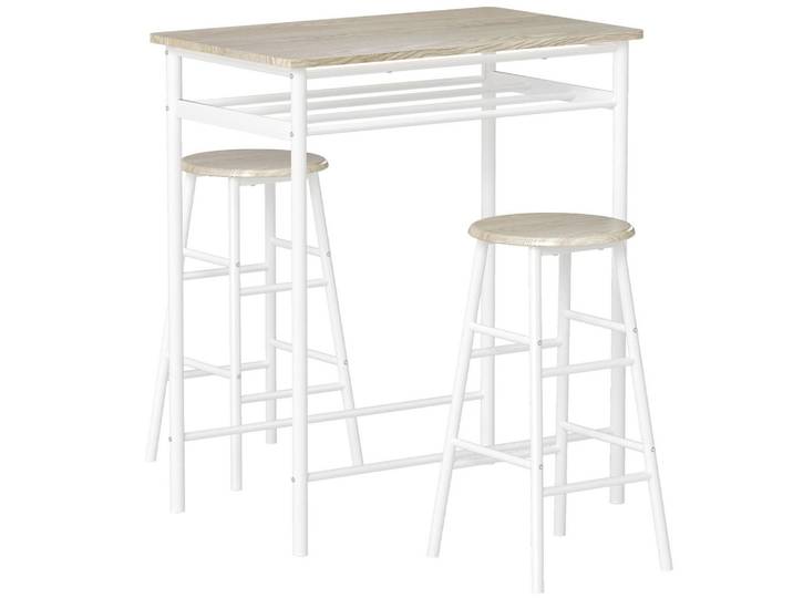Homcom Bartisch Set 3-teilig Küchentisch mit Stuhl Stehtisch Barhocker Stahl Weiß+Eiche, Kunststoff, 50x90x80 cm, Esszimmer, Barmöbel, Barschränke & Theken