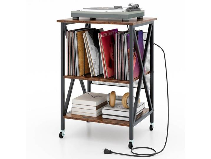 GOPLUS Petit Meuble de Rangement Roulant pour Tourne-disque et Disques Vinyles à 3 Niveaux avec Station de Charge Intégrée-Brun