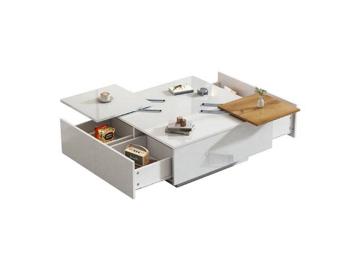 SeedWave Couchtisch Hochglänzender Wohnzimmertisch mit zusätzlichen Platten, 4 Schubladen, Beweglichen kontrastfarbene Regale darauf, Ohne Beine zum Stabilität