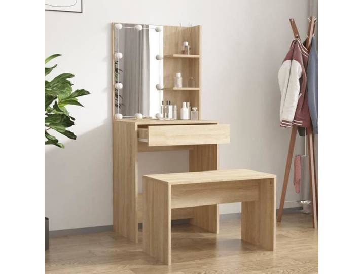 Coiffeuse - AKOZON - Chêne sonoma - Bois d'ingénierie - LED - Miroir inclus