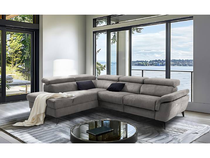 Ecksofa mit Ottomane Grau Microfaser Canay 265 x 73 x 210cm Ottomane davorstehend links Kopfstütze verstellbar/Armlehne